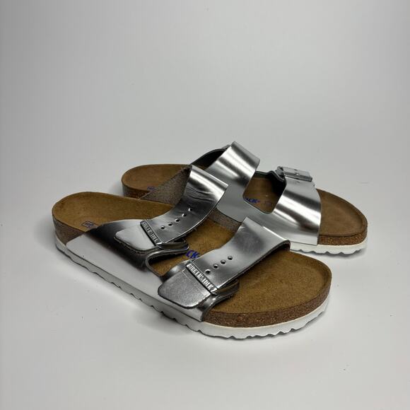 Birkenstock Arizona Metallic Leather Soft Footbed Sandals in Silver - Picture 1 of 8